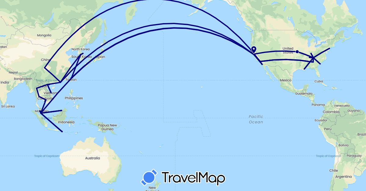 TravelMap itinerary: driving in Brunei, China, Indonesia, Cambodia, South Korea, Mexico, Malaysia, Thailand, Taiwan, United States, Vietnam (Asia, North America)